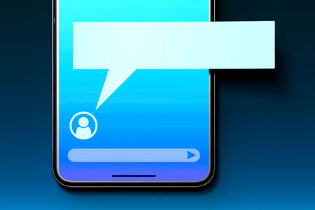 Blank Message Notification. Speech Bubble on Mobile Phone With Blue Screen And User Icon. Social Media Concept and Online Communication. Copy space. Empty Space. 3d rendering.の写真素材