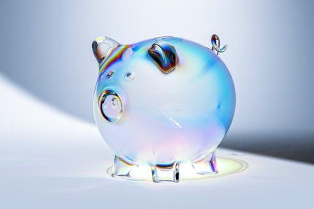 Minimal background concept for business. Glass piggy bank with caustics on white background. Financial savings concept. High quality 3d illustrationの写真素材