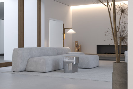Stylish interior of living room with firm and geometric lines and forms. Minimalism and constructivism Concept. Design couch, dried flowers of hogweed, elegant accessories in modern home decor. Template. Bright minimalistic interior with abundance of light from big windows. High quality 3d rendering.の写真素材