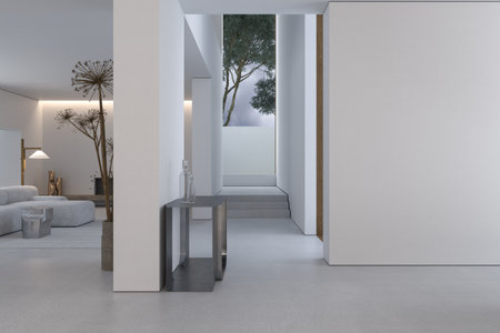 Stylish interior of living room with firm and geometric lines and forms. Minimalism and...