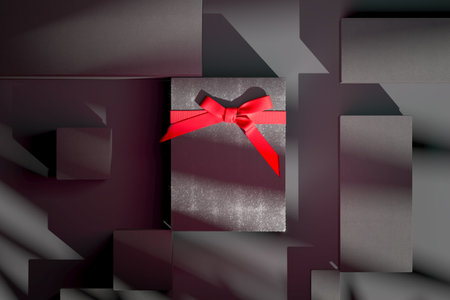 Blank sparkling gift box with bow for holidays, celebration and sale event concept. Present package template. Pink gray gift box with red ribbon bow on monochrome background near blank present gift boxes with copy space. High quality 3d rendering.の写真素材