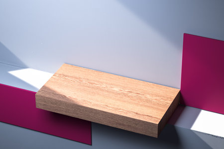 Wooden showcase for promotion and product presentation. Luxury wooden shelf on multicolored background. Copy space. Empty space. Realistic 3d renderingの写真素材