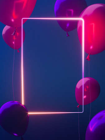 Blank neon banner with balloons. High quality 3d illustration