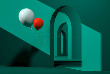 Contemporary art concept. Two balls in a strange maze with endless arches. High quality 3d...