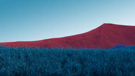Surreal mountains landscape with red, blue peaks and teal sky. Minimal modern abstract background. Shaggy surface with a slight noise. 3d renderingの写真素材