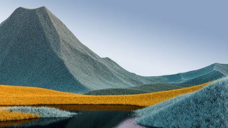 Surreal mountains landscape with gray peaks and blue sky. Minimal modern abstract background. Shaggy surface with a slight noise. 3d renderingの写真素材