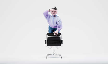 Awesome Travor kneels on a chair and looks into the distance. The concept of finding new ideas....