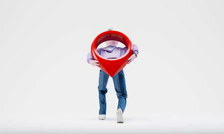 Awesome Travor drags a huge geo pin on his back. Travel concept. Highly detailed fashionable stylish abstract character isolated on white background. 3d renderingの写真素材