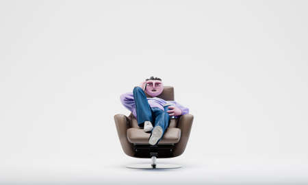 Awesome Travor talking by the phone lying on a armchair. Connectivity concept. Highly detailed fashionable stylish abstract character isolated on white background. 3d renderingの写真素材