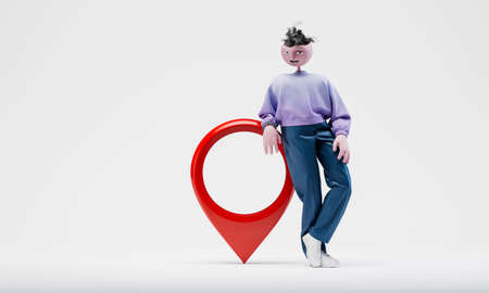 Awesome Travor standing with big geo pin symbol. Travel concept. Highly detailed fashionable stylish abstract character isolated on white background. 3d rendering.の写真素材