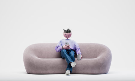 Awesome Travor seating on modern coach with phone. Connectivity concept. Highly detailed fashionable stylish abstract character isolated on white background. 3d renderingの写真素材
