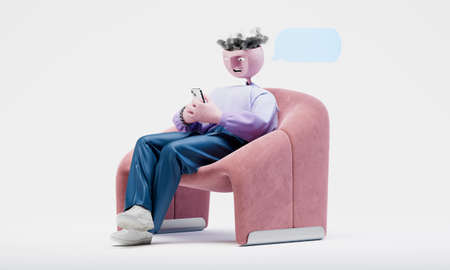 Awesome Travor sitting on an armchair and talking on the phone. Blue hanging over his shoulder....