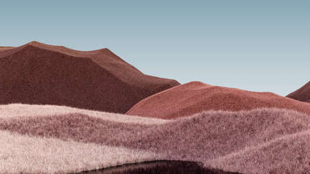 Surreal mountains landscape with pale brown peaks and gray sky. Minimal modern abstract background. Shaggy surface with a slight noise. 3d renderingの写真素材