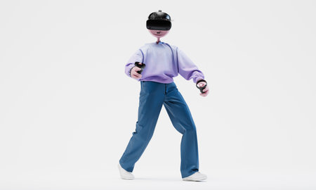 Awesome Travor standingr with hand controllers and a VR helmet. Online gaming concept. Highly...