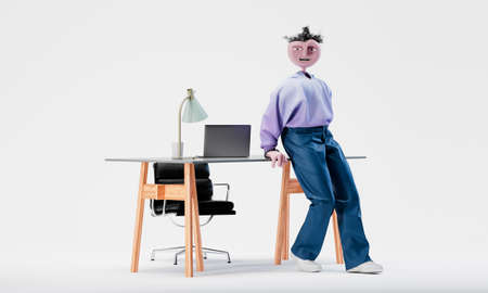 Awesome Travor standing leaning on the desktop like a boss. Highly detailed fashionable stylish abstract character isolated on white background. Right view. 3d rendering.の写真素材