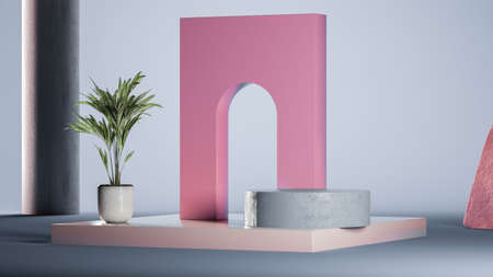 Surreal space with pink arc, big square podium and palm tree. Natural showcase. Minimal design. 3d rendering.の写真素材