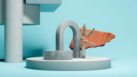 Big round podium display with gray arc on the blue background. Natural showcase. Minimal design. 3d...
