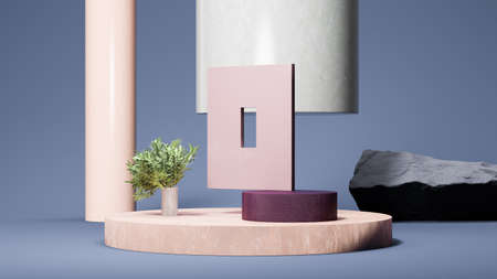 Two round podiums display, square frame and big column on the blue background with small tree....
