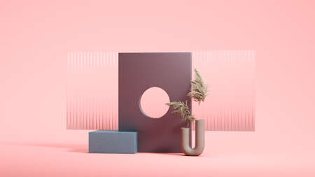 Square wall with round hole and small blue podium on the pink background. Natural showcase. Minimal design. 3d rendering.の写真素材