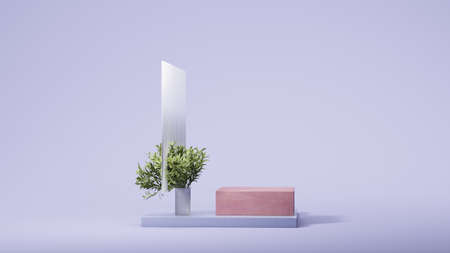 Square red podium on the pale purple background with plant and glass screen. Natural showcase. Minimal design. 3d rendering.の写真素材