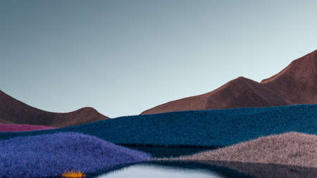 Surreal mountains landscape with brown, blue peaks and gray sky. Minimal modern abstract background. Shaggy surface with a slight noise. 3d renderingの写真素材