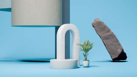 Fat white arc on a round podium with blue background. Natural showcase. Minimal design. 3d...