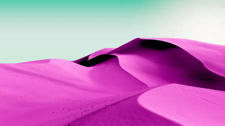 Dark purple-pink dunes and green sky. Desert dunes landscape with contrast skies. Minimal abstract background. 3d renderingの写真素材