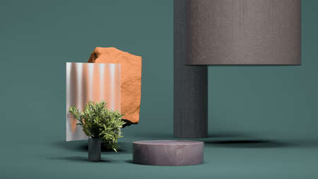 Little magenta round podium display on the teal background with small palm tree. Natural showcase. Minimal design. 3d rendering.の写真素材