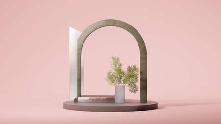 Metallic arc with round podium display, plant and glass on pale pink background. Natural showcase. Minimal design. 3d rendering.の写真素材