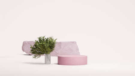 Pink round podium display as showcase near concrete pedestal and small olive tree on white background. Minimalism concept. Copy space. 3D rendering.の写真素材