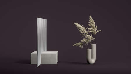 Square concrete showcase Intersected by matt blank glass, geometric vase with pampas grass on burgundy background. Empty space. 3D rendering.の写真素材