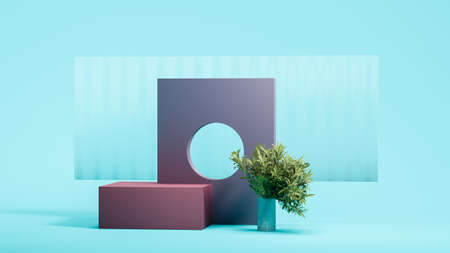 Wall with round hole near round burgundy showcase and plants with matte black glass behind on bright blue background. 3D rendering. Minimalism concepts. Modern art.の写真素材