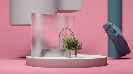 Round podium display, small palm tree in concrete vase, different geometric abstract figures on pink background. Natural showcase. Minimal design. 3d rendering.の写真素材