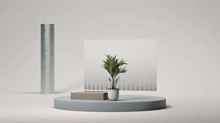 Gray round podium display on the bright background with small palm tree. Natural showcase. Minimal design. 3d rendering.の写真素材