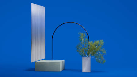 Square concrete showcase, tree branches in vase, glass and metallic arc on blue background. Minimal design. Copy space. 3d rendering.の写真素材