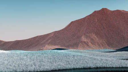 Surreal mountains landscape with gray and brown peaks and teal sky. Minimal modern abstract background. Shaggy surface with a slight noise. 3d renderingの写真素材