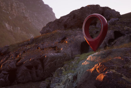 Mountain landscape at sunset and red geotag or map pin. high quality 3d illustrationの写真素材