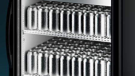 Dark refrigerator with a aluminum can on the shelf. Detailed close-up view. high quality 3d illustrationの写真素材