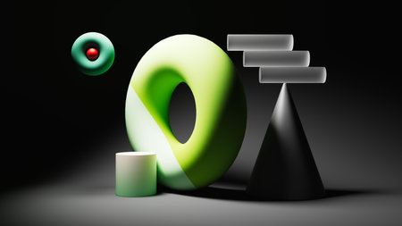 Abstract green neon geometric shape with empty space for promotion, product show presentation. high...