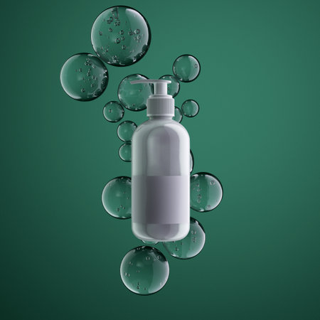 White bottle with lotion on the green background with soap bubbles. high quality 3d illustrationの写真素材