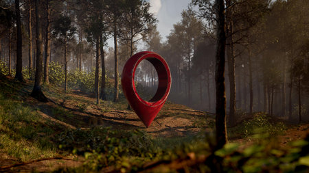 A red geotag in a beautiful forest at sunset. high quality 3d illustrationの写真素材