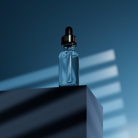 A glass dropper bottle with a pipette with black rubber tip of facial or body cream on the blue background. nature skin concept. Organic Spa Cosmetics. High quality 3d renderingの写真素材