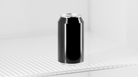 Black aluminum can on a shelf in a bright clean fridge. high quality 3d illustrationの写真素材