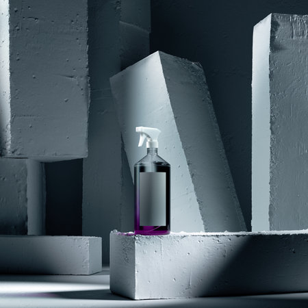 Modern spray bottle on the concreate blocks, Industrial background. Cosmetics and spa concept. high quality 3d illustrationの写真素材