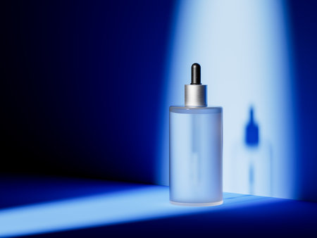 A glass dropper bottle with a pipette with black rubber tip of facial or body lotion on the blue background. Nature Skin concept. Organic Spa Cosmetics. High quality 3d renderingの写真素材