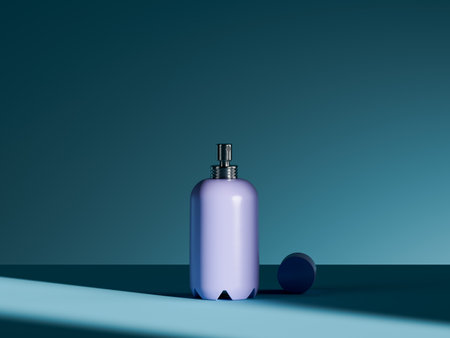 Plastic purple parfum bottle on the teal background. High quality 3d illustrationの写真素材