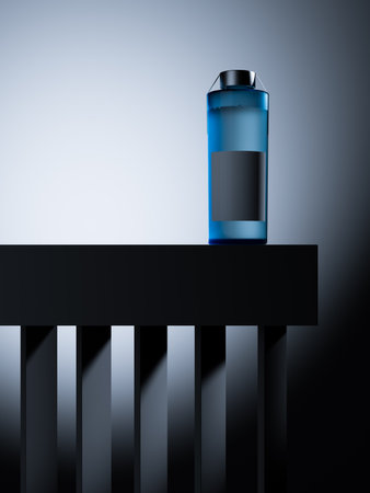 Blue transparent bottle with liquid on the concrete podium with columns. High quality 3d illustrationの写真素材