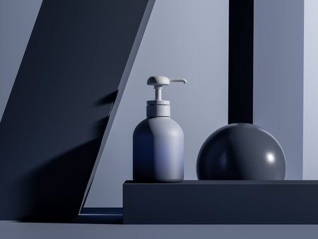 White cosmetic dispenser bottle mockup on the dark background with geometric figures. High quality 3d illustrationの写真素材