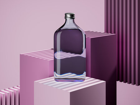 Big glass bottle with beauty product inside on the purple background. High quality 3d illustrationの写真素材