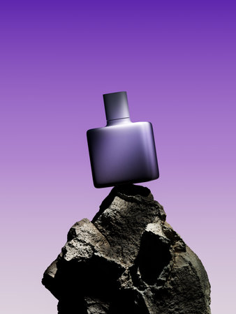 Purple plastic parfum bottle on the rock with bright background. High quality 3d illustrationの写真素材